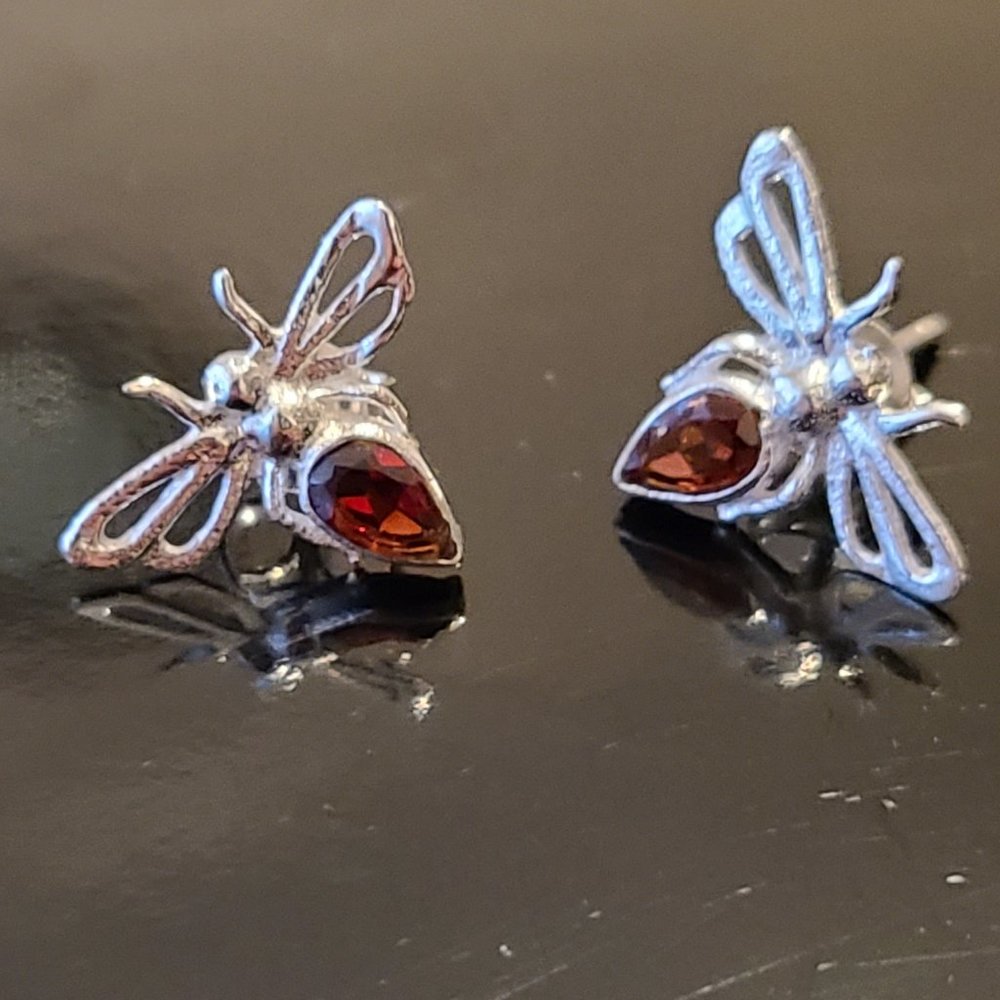 Garnet Bug Stud Earrings Sterling Silver-Bug Earrings Silver Earrings - Picture 2 of 4